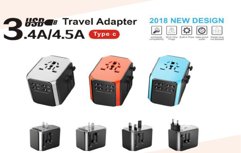 Travel Power Adapter W/Smart High Speed 2.4A 4xUSB Wall Charger
